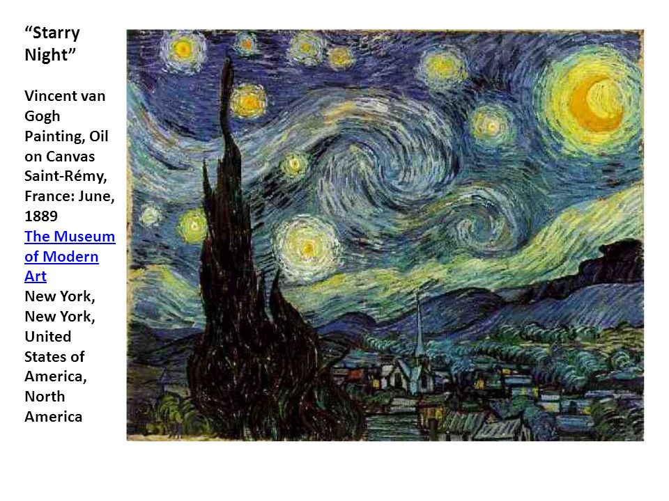 Starry Night Vincent van Gogh Painting, Oil on Canvas Saint-Rémy, France: June, 1889 The Museum of Modern Art New York, New York, United States of America, North America The Museum of Modern Art
