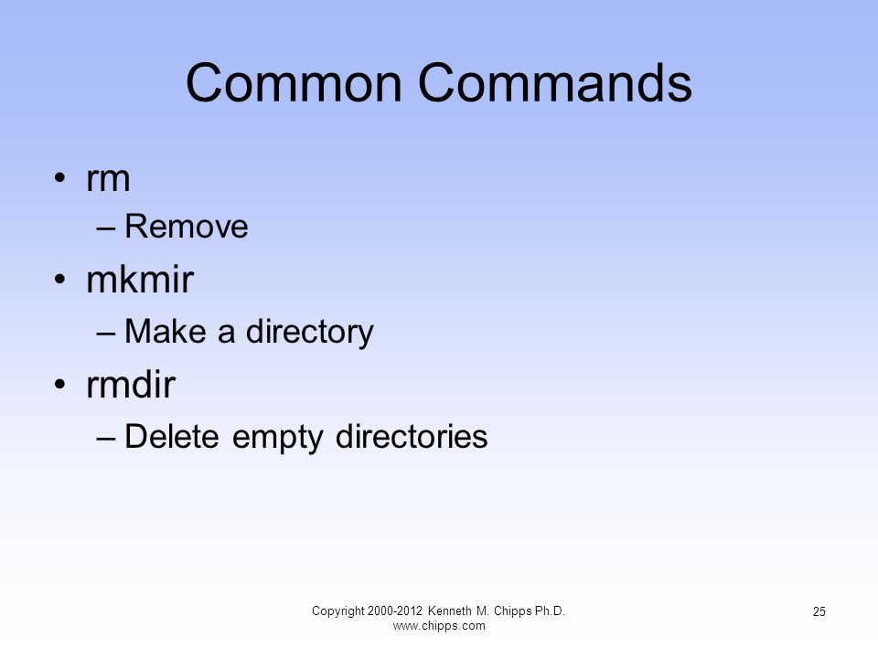 Common Commands rm –Remove mkmir –Make a directory rmdir –Delete empty directories Copyright Kenneth M.