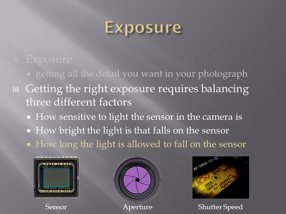  Exposure  getting all the detail you want in your photograph  Getting the right exposure requires balancing three different factors  How sensitive to light the sensor in the camera is  How bright the light is that falls on the sensor  How long the light is allowed to fall on the sensor SensorApertureShutter Speed