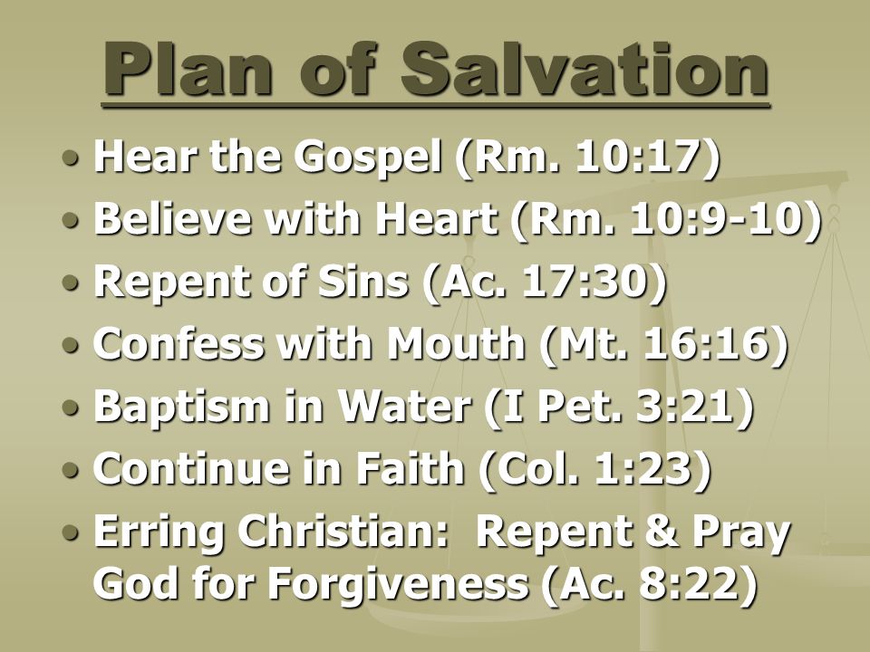 Plan of Salvation Hear the Gospel (Rm. 10:17)Hear the Gospel (Rm.