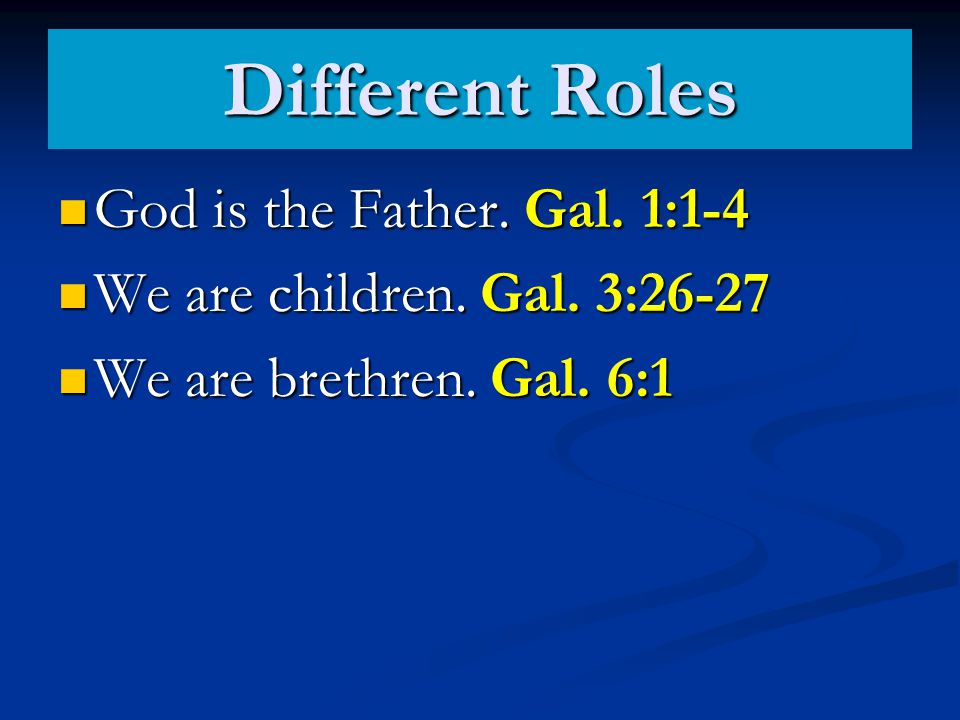 Different Roles God is the Father. Gal. 1:1-4 God is the Father.