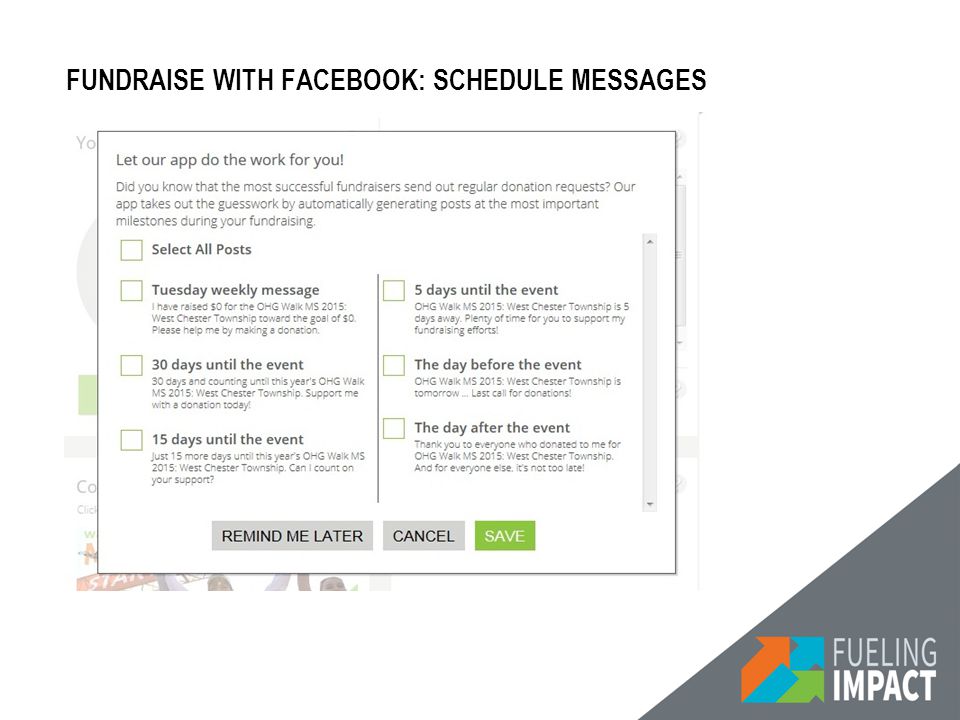 FUNDRAISE WITH FACEBOOK: SCHEDULE MESSAGES
