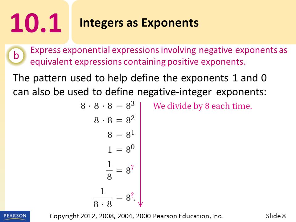 10.1 Integers as Exponents b Express exponential expressions involving negative exponents as equivalent expressions containing positive exponents.