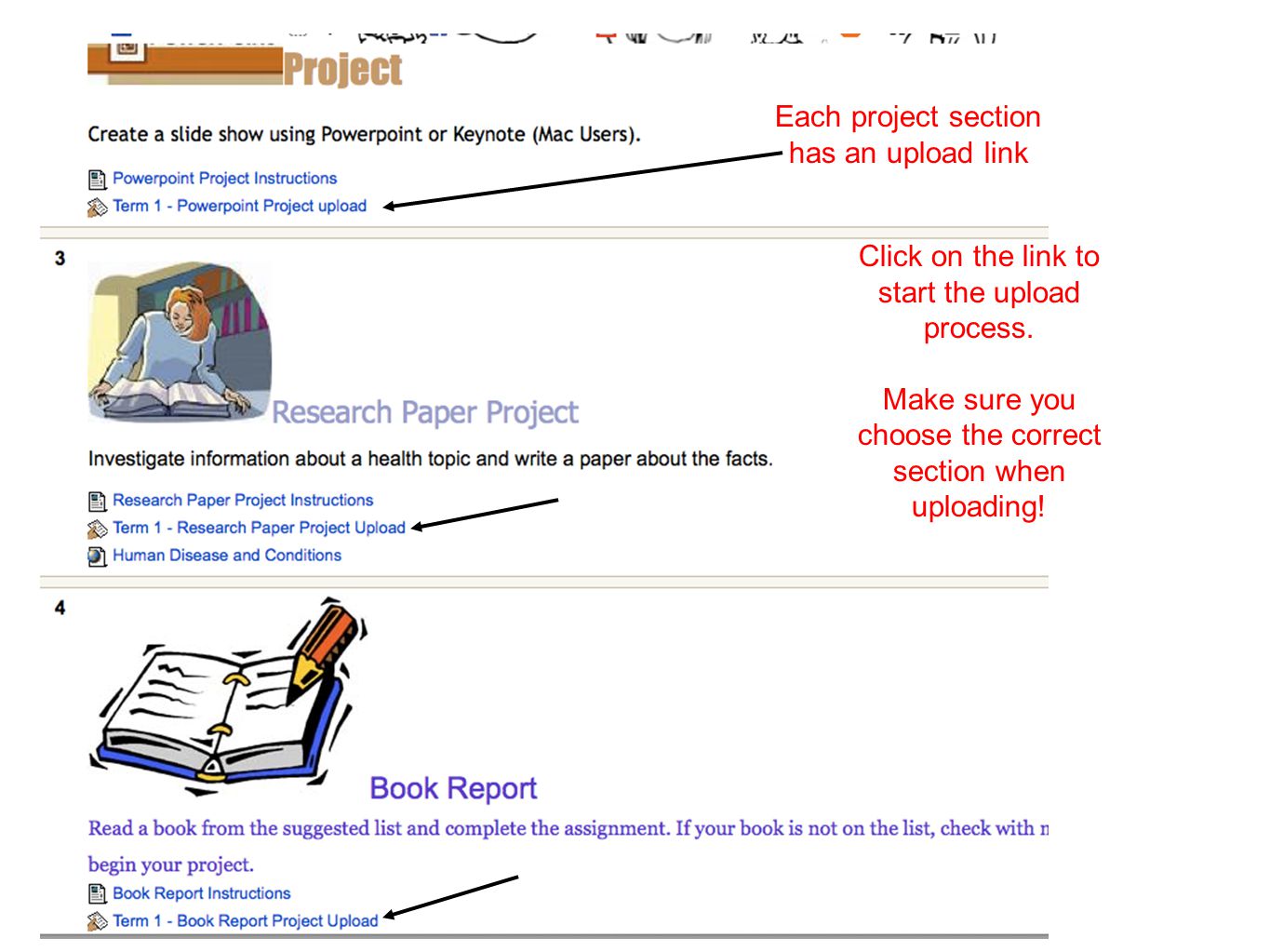 Each project section has an upload link Click on the link to start the upload process.