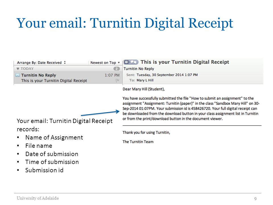 Your   Turnitin Digital Receipt University of Adelaide 9 Your   Turnitin Digital Receipt records: Name of Assignment File name Date of submission Time of submission Submission id