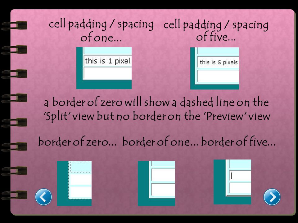 cell padding / spacing of one... cell padding / spacing of five...