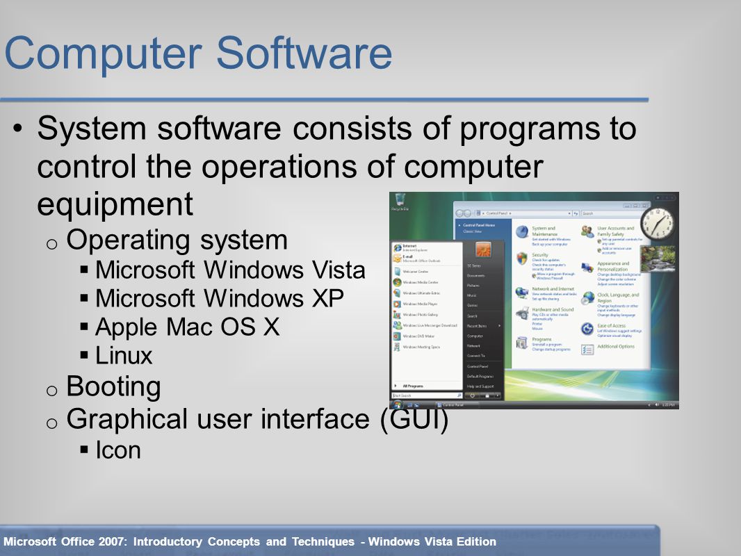 Computer Software System software consists of programs to control the operations of computer equipment o Operating system  Microsoft Windows Vista  Microsoft Windows XP  Apple Mac OS X  Linux o Booting o Graphical user interface (GUI)  Icon Microsoft Office 2007: Introductory Concepts and Techniques - Windows Vista Edition