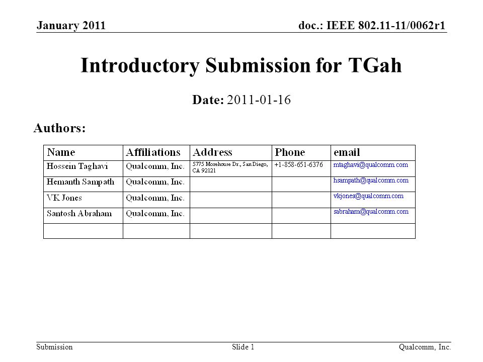 doc.: IEEE /0062r1 Submission January 2011 Qualcomm, Inc.Slide 1 Introductory Submission for TGah Date: Authors: