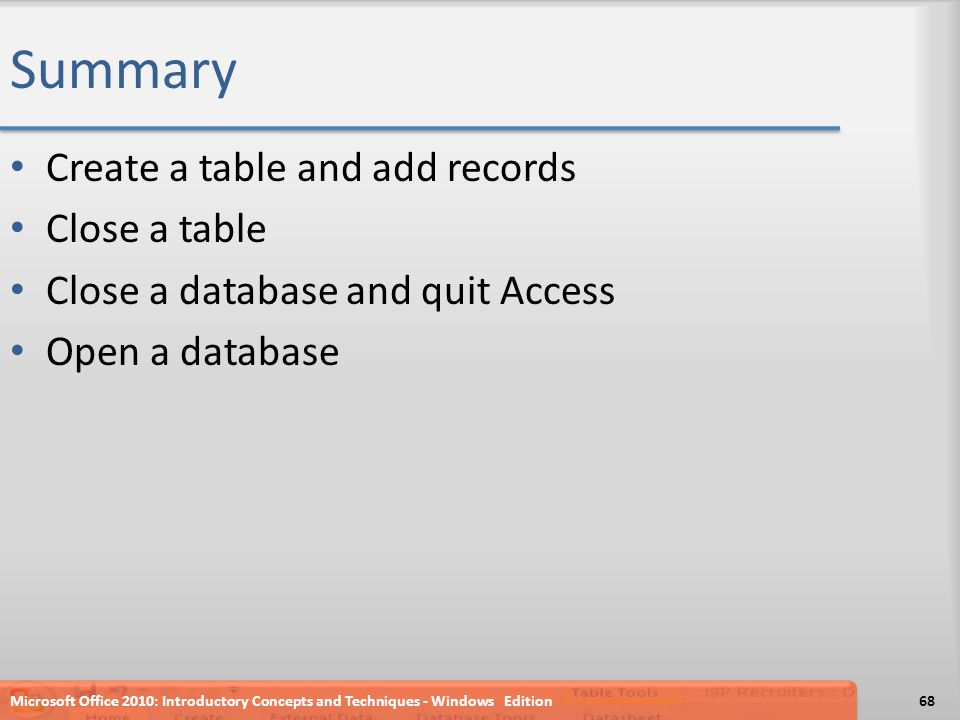 Summary Create a table and add records Close a table Close a database and quit Access Open a database Microsoft Office 2010: Introductory Concepts and Techniques - Windows Edition68