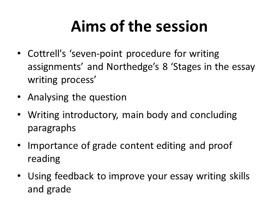 Aims of the session Cottrell s ‘seven-point procedure for writing assignments’ and Northedge’s 8 ‘Stages in the essay writing process’ Analysing the question Writing introductory, main body and concluding paragraphs Importance of grade content editing and proof reading Using feedback to improve your essay writing skills and grade