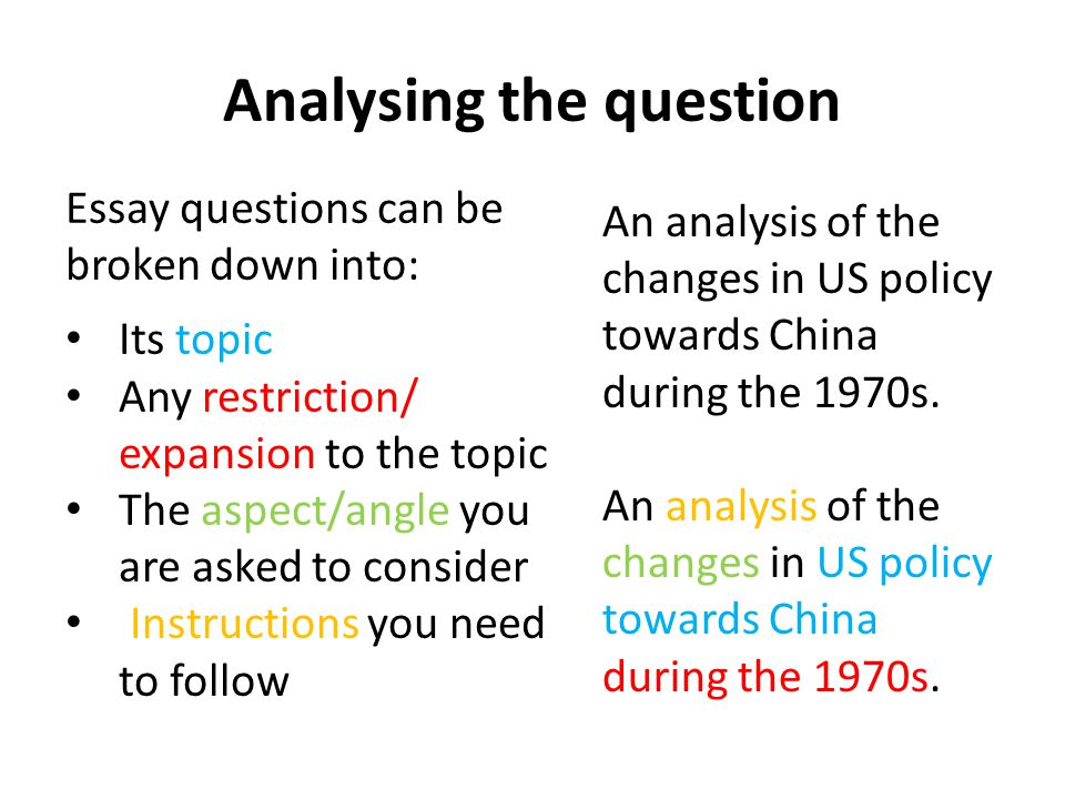 Analysing the question Essay questions can be broken down into: Its topic Any restriction/ expansion to the topic The aspect/angle you are asked to consider Instructions you need to follow An analysis of the changes in US policy towards China during the 1970s.