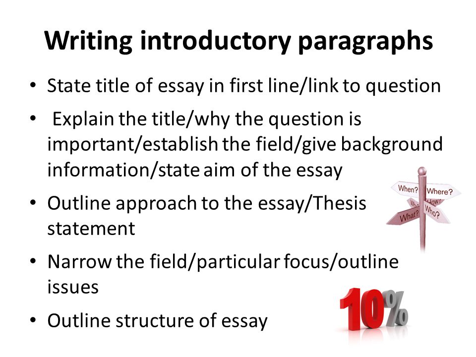 Writing introductory paragraphs State title of essay in first line/link to question Explain the title/why the question is important/establish the field/give background information/state aim of the essay Outline approach to the essay/Thesis statement Narrow the field/particular focus/outline issues Outline structure of essay