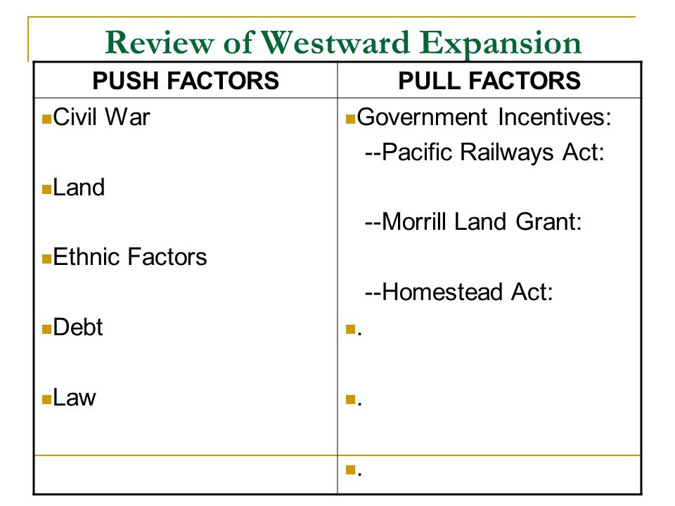 Review of Westward Expansion PUSH FACTORSPULL FACTORS Civil War Land Ethnic Factors Debt Law Government Incentives: --Pacific Railways Act: --Morrill Land Grant: --Homestead Act:.