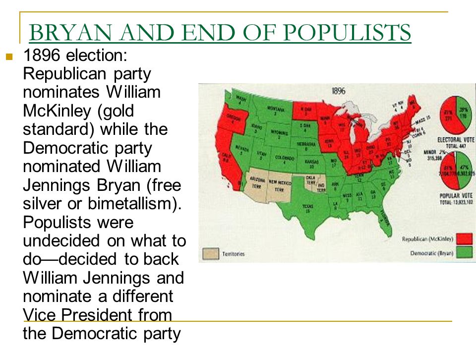 1896 election: Republican party nominates William McKinley (gold standard) while the Democratic party nominated William Jennings Bryan (free silver or bimetallism).