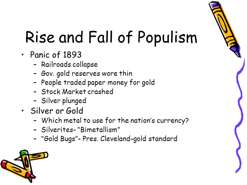 Rise and Fall of Populism Panic of 1893 –Railroads collapse –Gov.