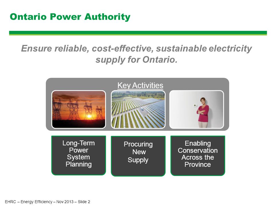 Ontario Power Authority Long-Term Power System Planning Procuring New Supply Enabling Conservation Across the Province Key Activities Ensure reliable, cost-effective, sustainable electricity supply for Ontario.