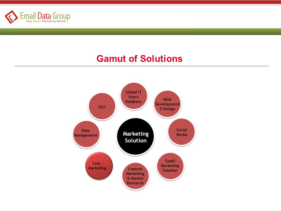 Data Management Tele - Marketing Web Development & Design Social Media Content Marketing & Market Research Global IT Users Database  Marketing Solution SEO Marketing Solution Gamut of Solutions