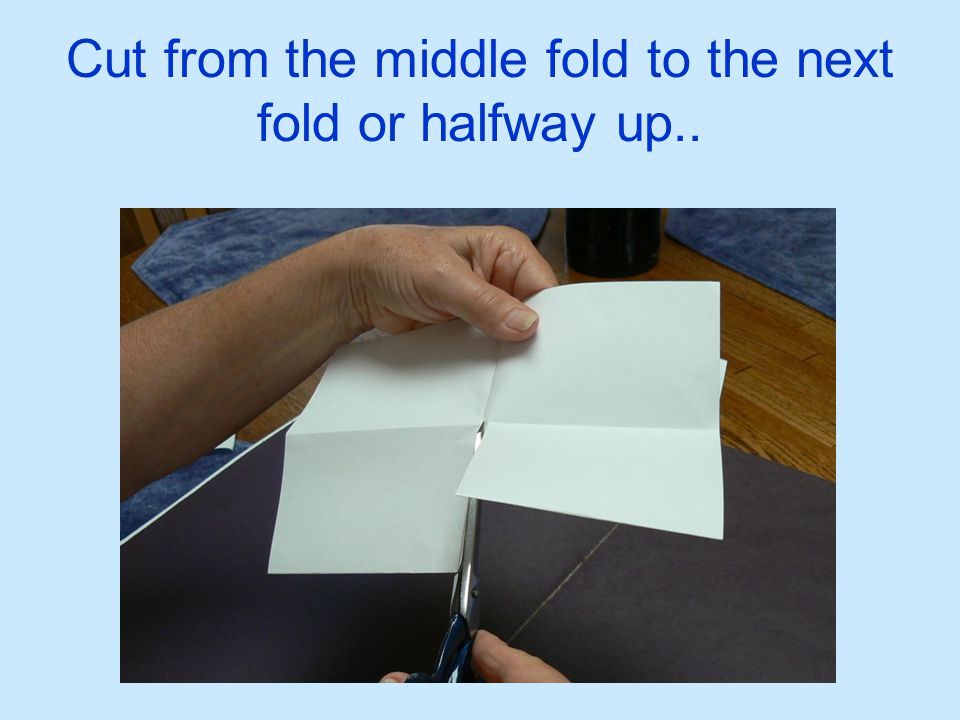 Cut from the middle fold to the next fold or halfway up..