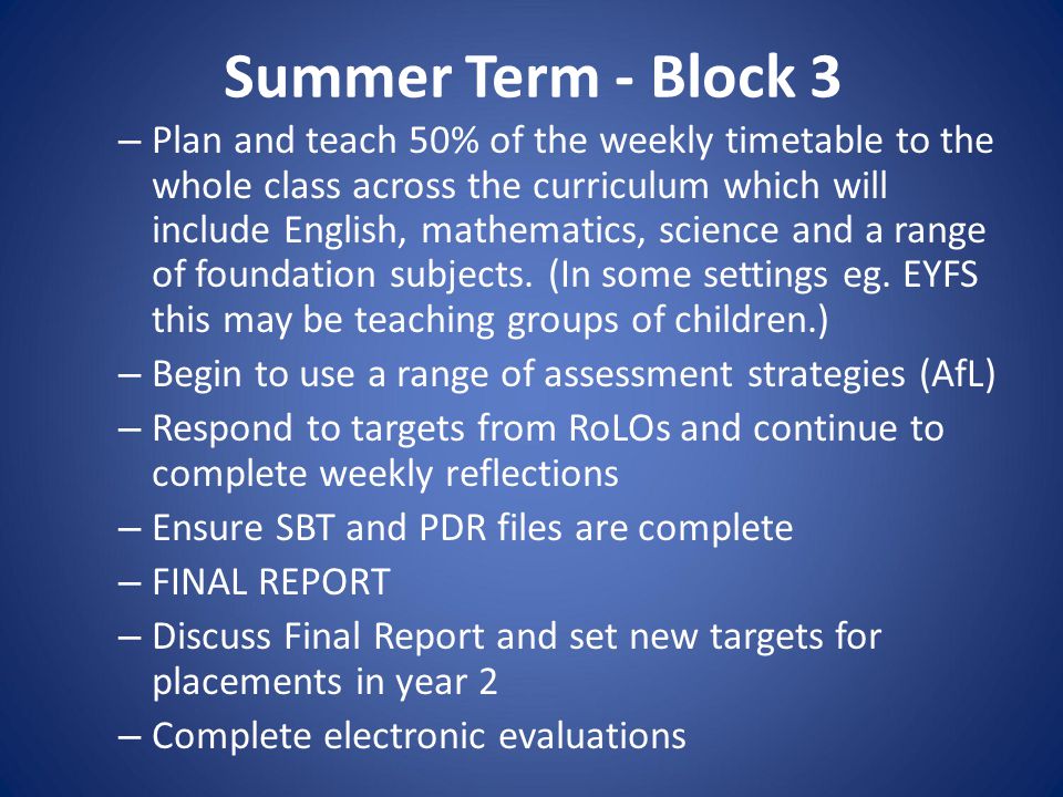 Summer Term - Block 3 – Plan and teach 50% of the weekly timetable to the whole class across the curriculum which will include English, mathematics, science and a range of foundation subjects.