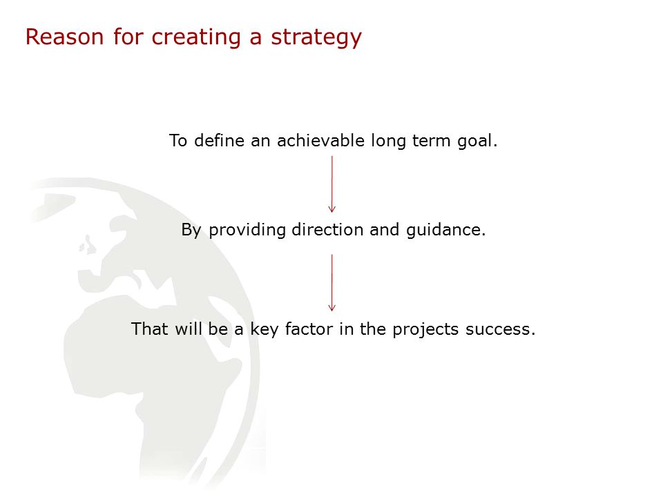Reason for creating a strategy To define an achievable long term goal.