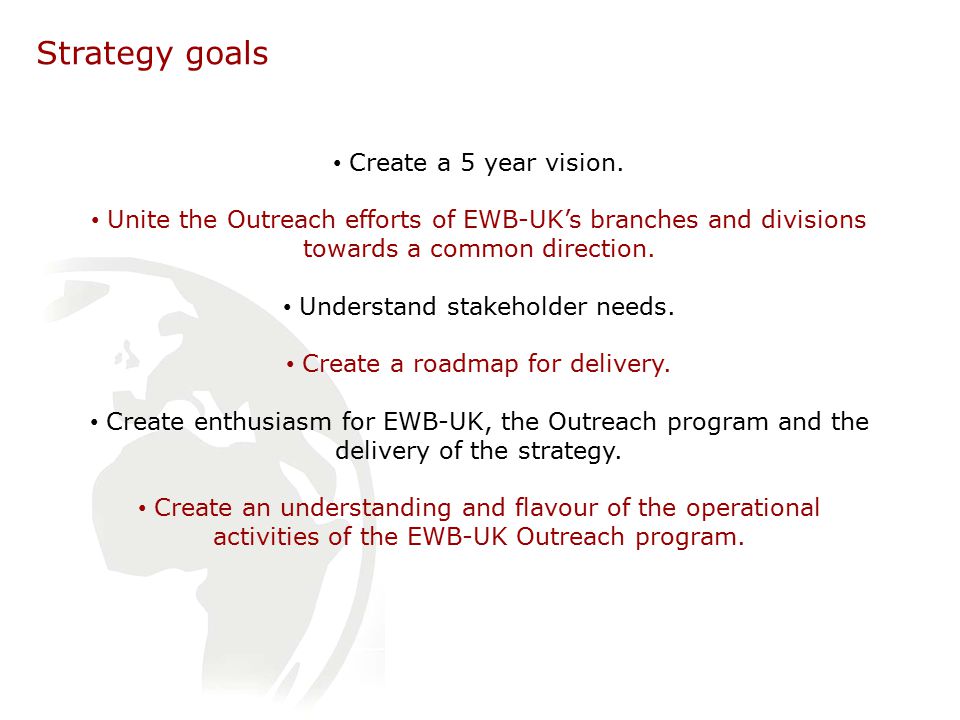 Strategy goals Create a 5 year vision.