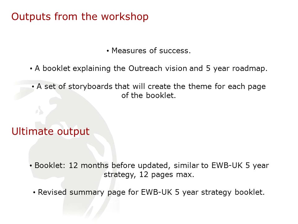Outputs from the workshop Measures of success.