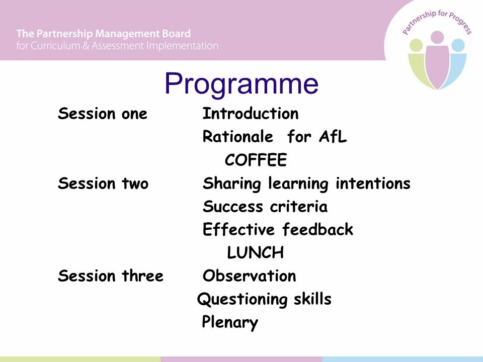 Programme Session oneIntroduction Rationale for AfL COFFEE Session twoSharing learning intentions Success criteria Effective feedback LUNCH Session threeObservation Questioning skills Plenary
