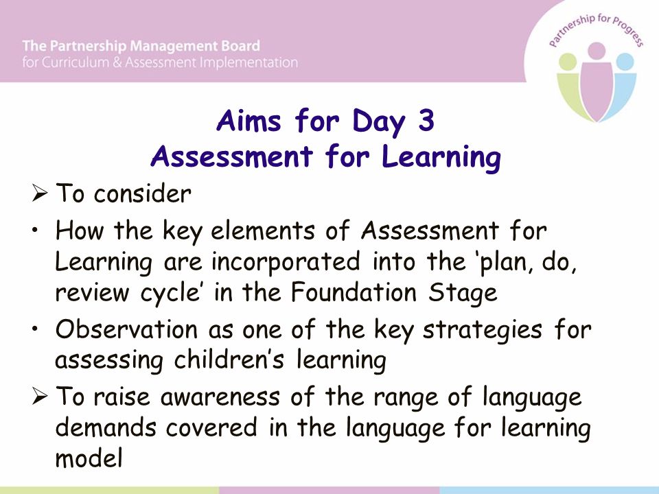 Aims for Day 3 Assessment for Learning  To consider How the key elements of Assessment for Learning are incorporated into the ‘plan, do, review cycle’ in the Foundation Stage Observation as one of the key strategies for assessing children’s learning  To raise awareness of the range of language demands covered in the language for learning model