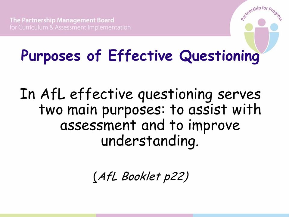 Purposes of Effective Questioning In AfL effective questioning serves two main purposes: to assist with assessment and to improve understanding.