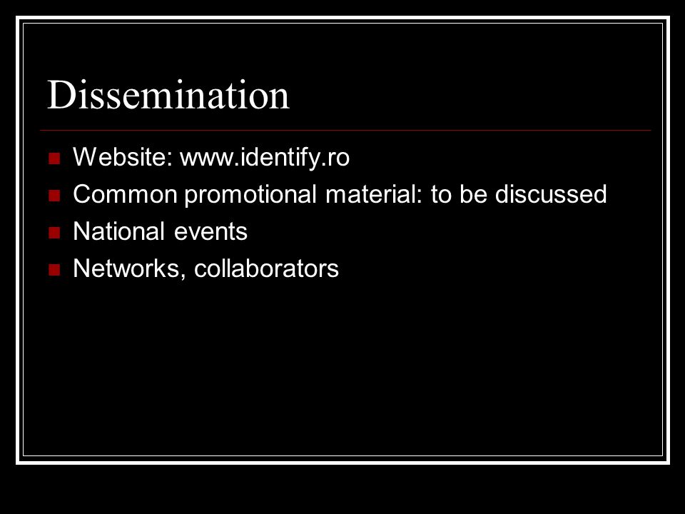 Dissemination Website:   Common promotional material: to be discussed National events Networks, collaborators