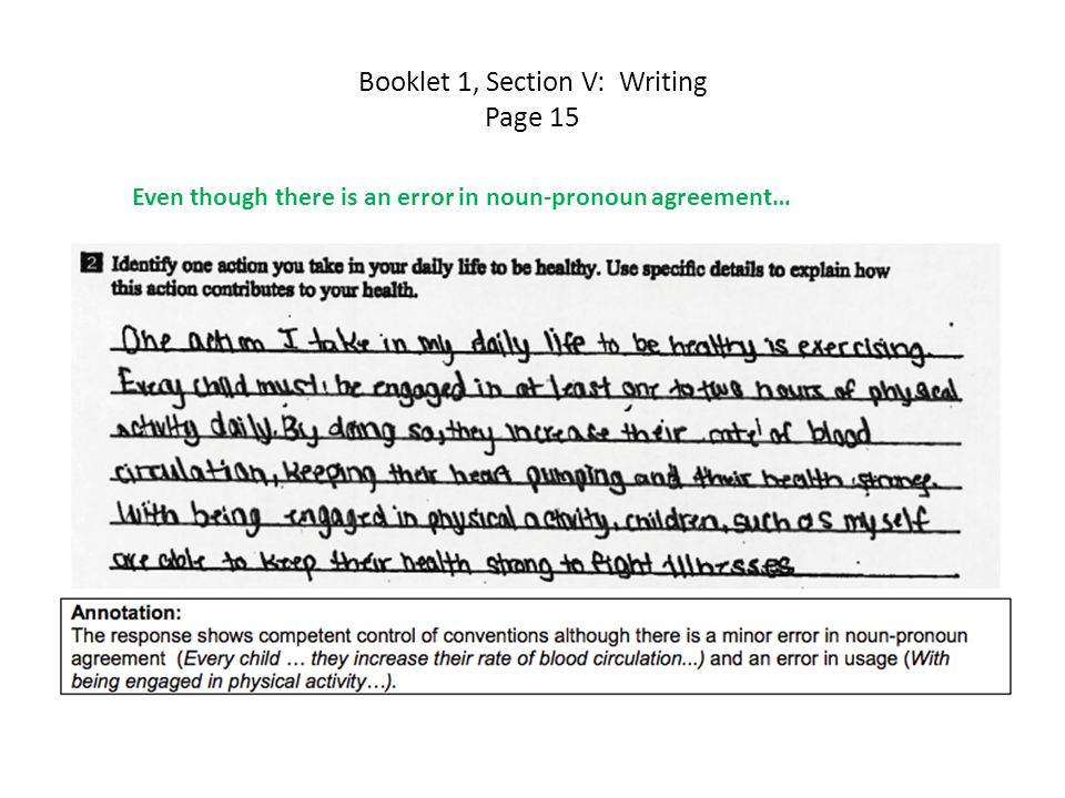 Booklet 1, Section V: Writing Page 15 Even though there is an error in noun-pronoun agreement…