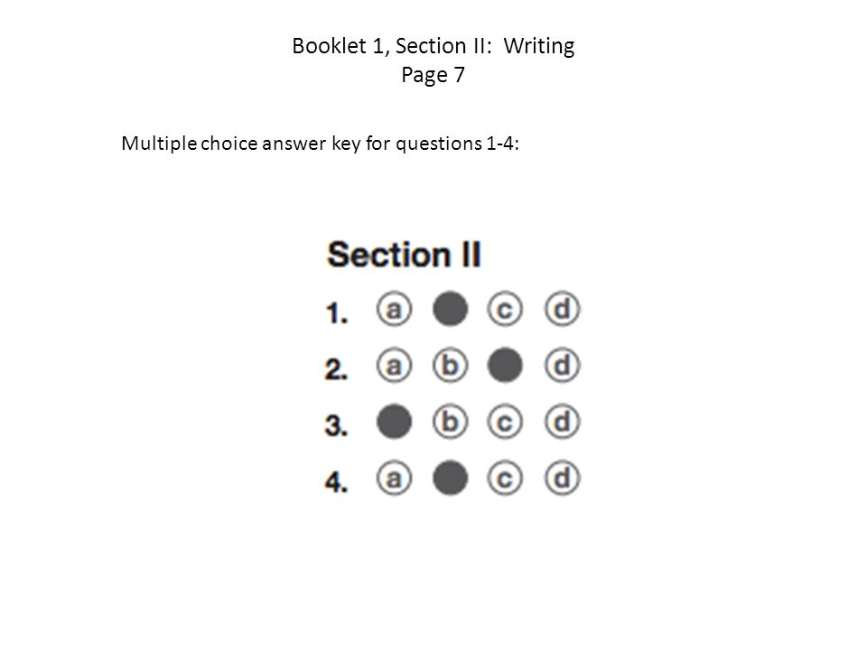 Booklet 1, Section II: Writing Page 7 Multiple choice answer key for questions 1-4: