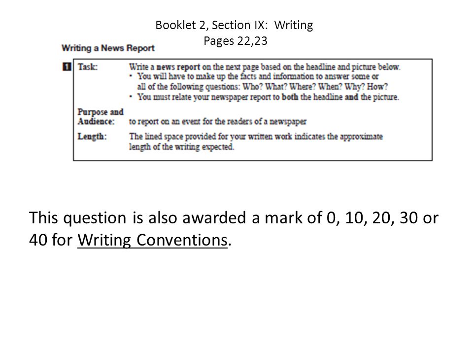 Booklet 2, Section IX: Writing Pages 22,23 This question is also awarded a mark of 0, 10, 20, 30 or 40 for Writing Conventions.