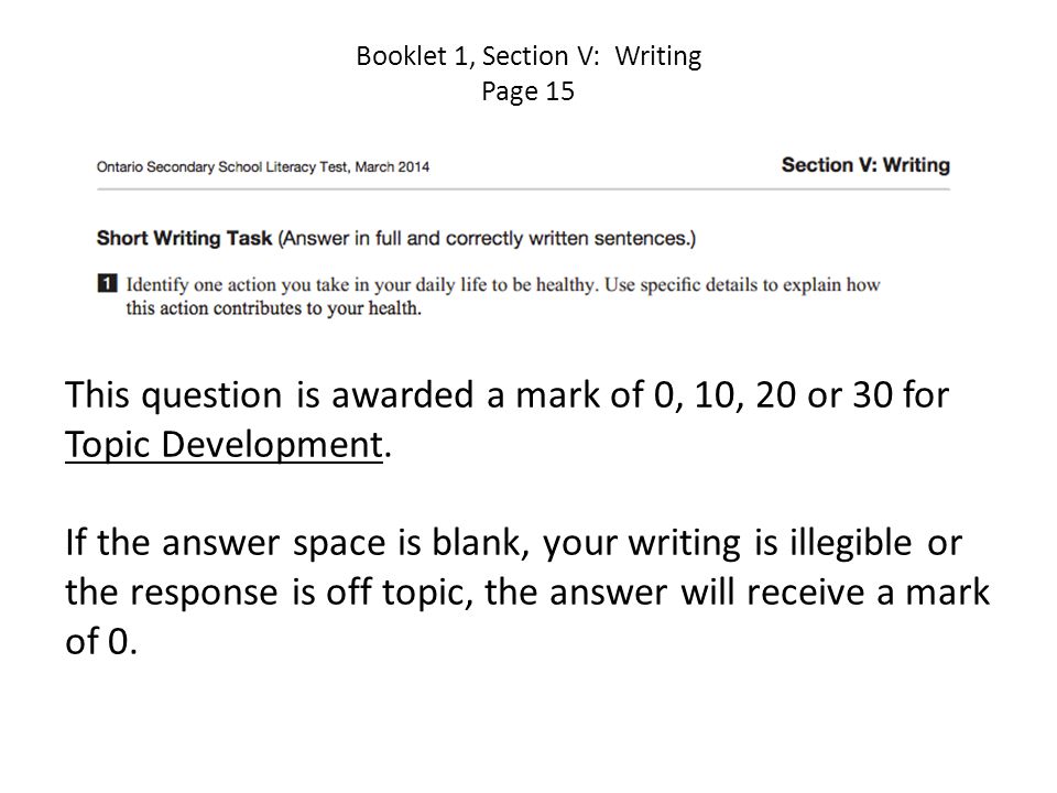 Booklet 1, Section V: Writing Page 15 This question is awarded a mark of 0, 10, 20 or 30 for Topic Development.