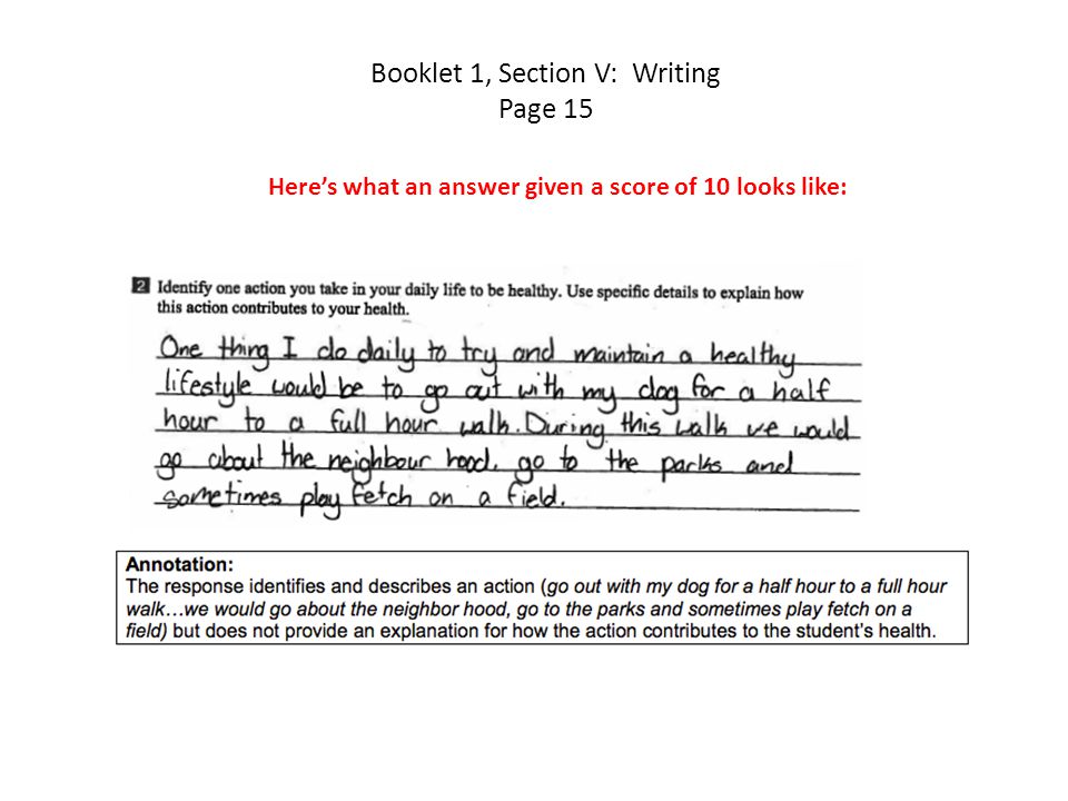 Booklet 1, Section V: Writing Page 15 Here’s what an answer given a score of 10 looks like: