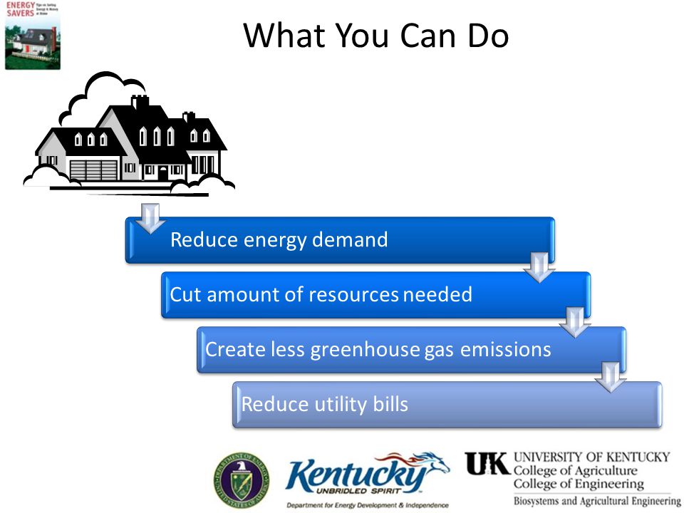 What You Can Do Reduce energy demandCut amount of resources neededCreate less greenhouse gas emissionsReduce utility bills