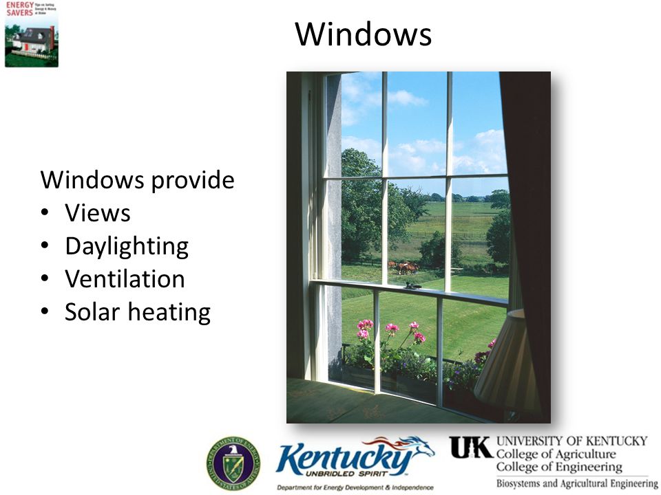 Windows Windows provide Views Daylighting Ventilation Solar heating