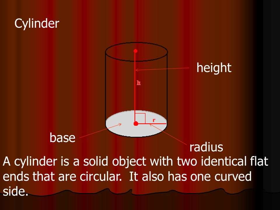 Cylinder A cylinder is a solid object with two identical flat ends that are circular.
