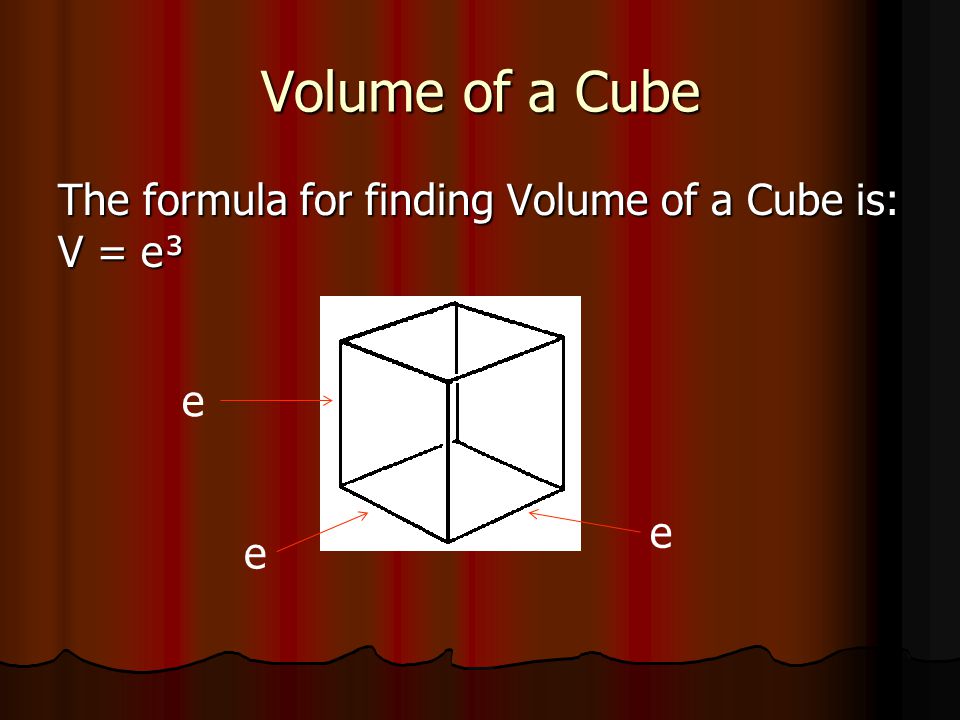 Volume of a Cube The formula for finding Volume of a Cube is: V = e³ e e e