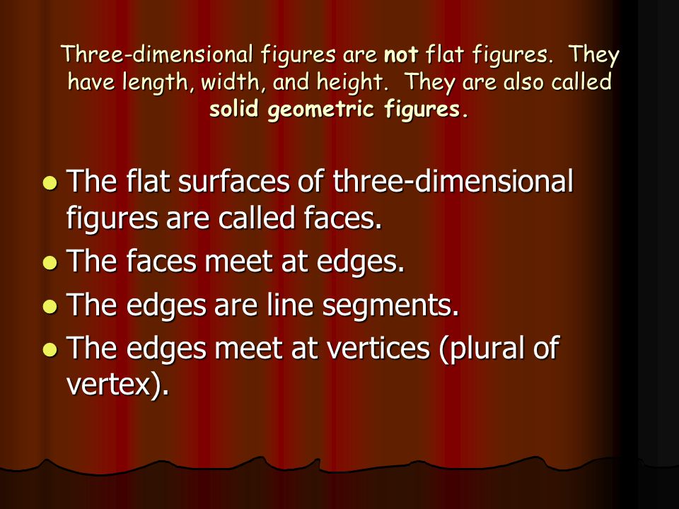 Three-dimensional figures are not flat figures. They have length, width, and height.