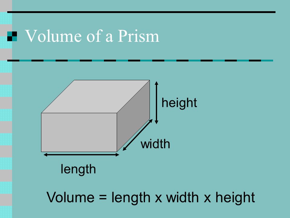 Volume of a Prism length width height Volume = length x width x height