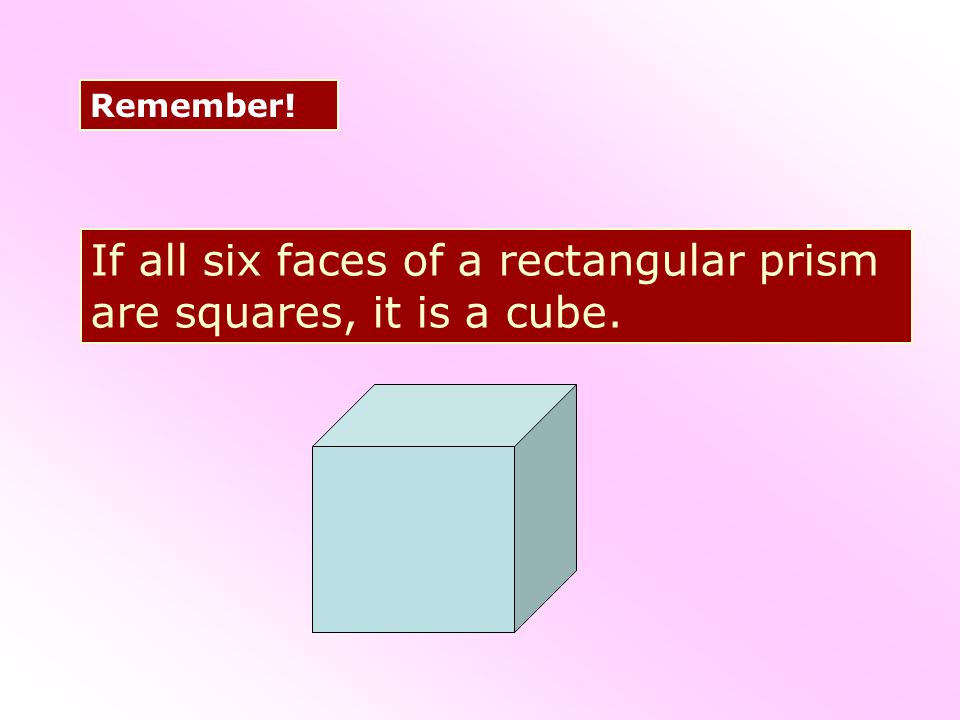If all six faces of a rectangular prism are squares, it is a cube. Remember!