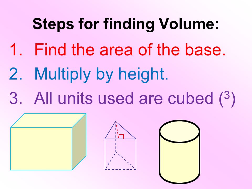 Steps for finding Volume: 1.Find the area of the base.
