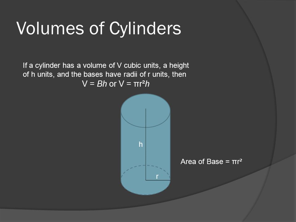 Volumes of Cylinders If a cylinder has a volume of V cubic units, a height of h units, and the bases have radii of r units, then V = Bh or V = πr²h Area of Base = πr² h r