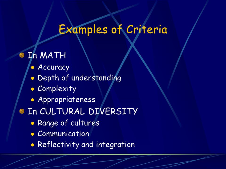 Examples of Criteria In MATH Accuracy Depth of understanding Complexity Appropriateness In CULTURAL DIVERSITY Range of cultures Communication Reflectivity and integration
