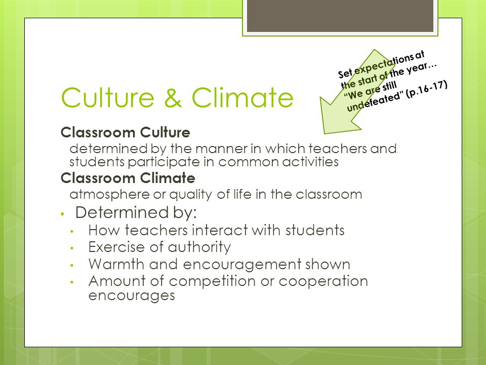 Culture & Climate Classroom Culture determined by the manner in which teachers and students participate in common activities Classroom Climate atmosphere or quality of life in the classroom Determined by: How teachers interact with students Exercise of authority Warmth and encouragement shown Amount of competition or cooperation encourages Set expectations at the start of the year… We are still undefeated (p.16-17)