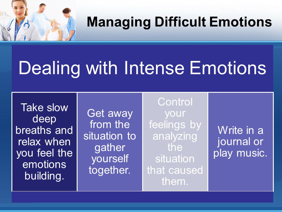Managing Difficult Emotions Dealing with Intense Emotions Take slow deep breaths and relax when you feel the emotions building.