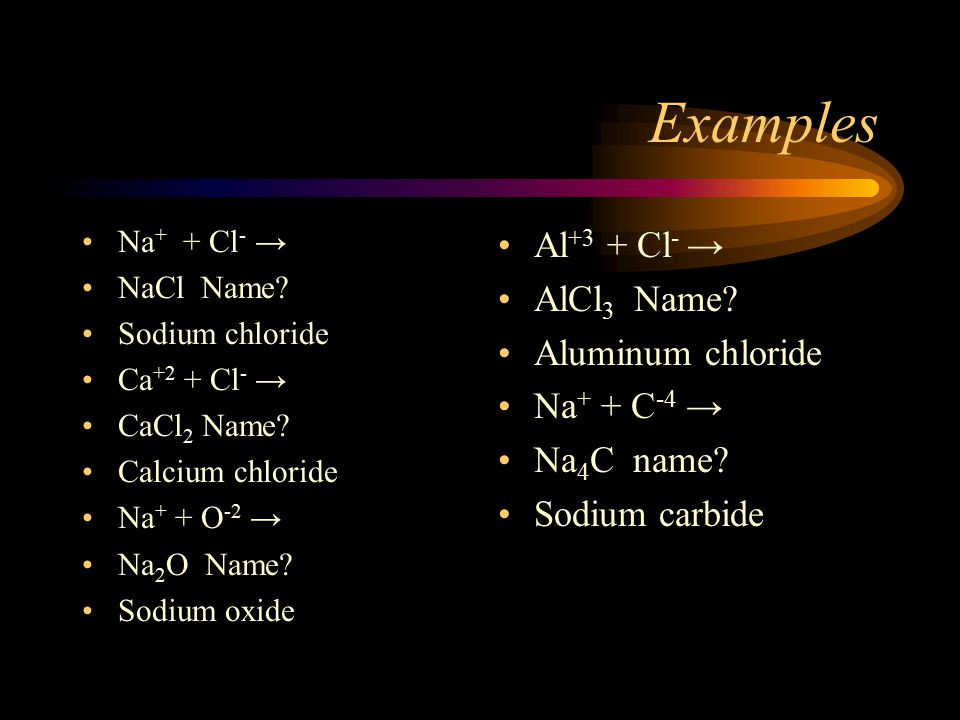 Examples Na + + Cl - → NaCl Name. Sodium chloride Ca +2 + Cl - → CaCl 2 Name.