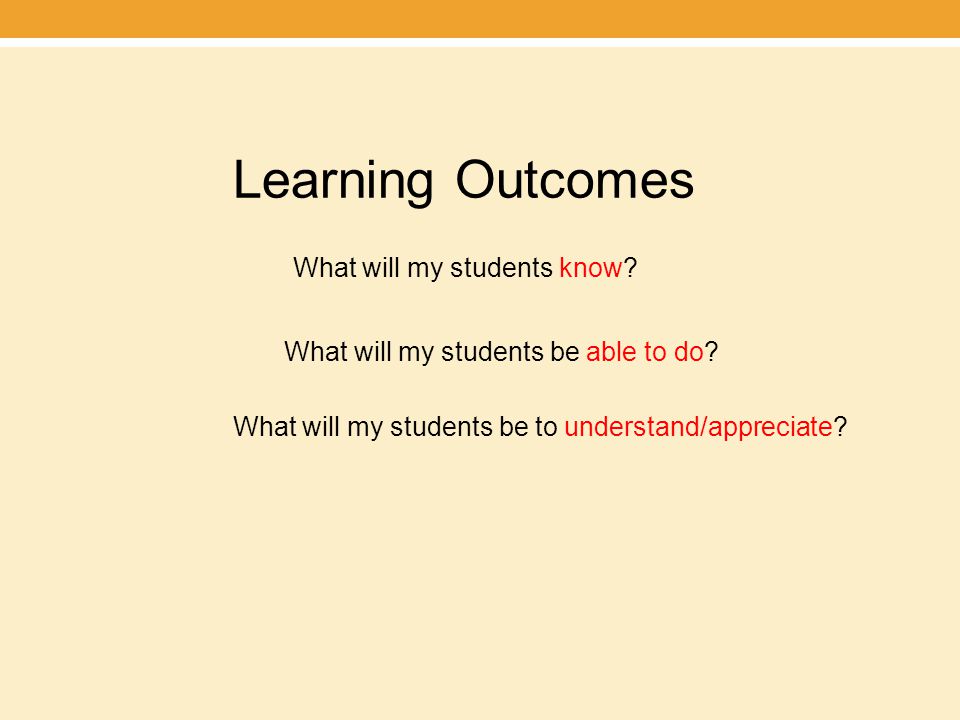 Learning Outcomes What will my students know. What will my students be able to do.