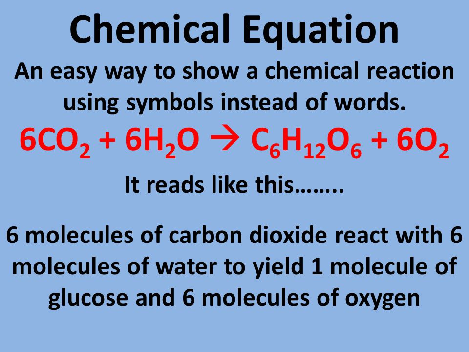 Chemical Equation An easy way to show a chemical reaction using symbols instead of words.